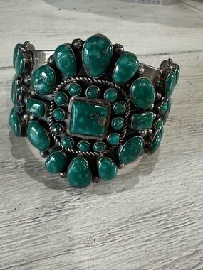 Green Stone Cluster Cuff Bracelet - Silver-Tone Accent